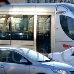 A tram passes by