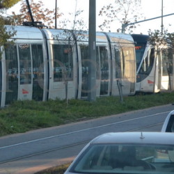 A tram passes by