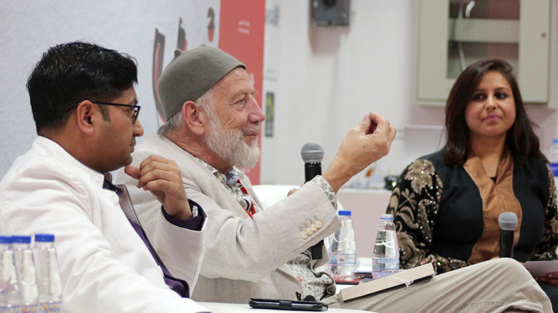 Idris Mears speaking at the book launch of The Cool Breeze from Hind, by Mujeeb Jaihoon